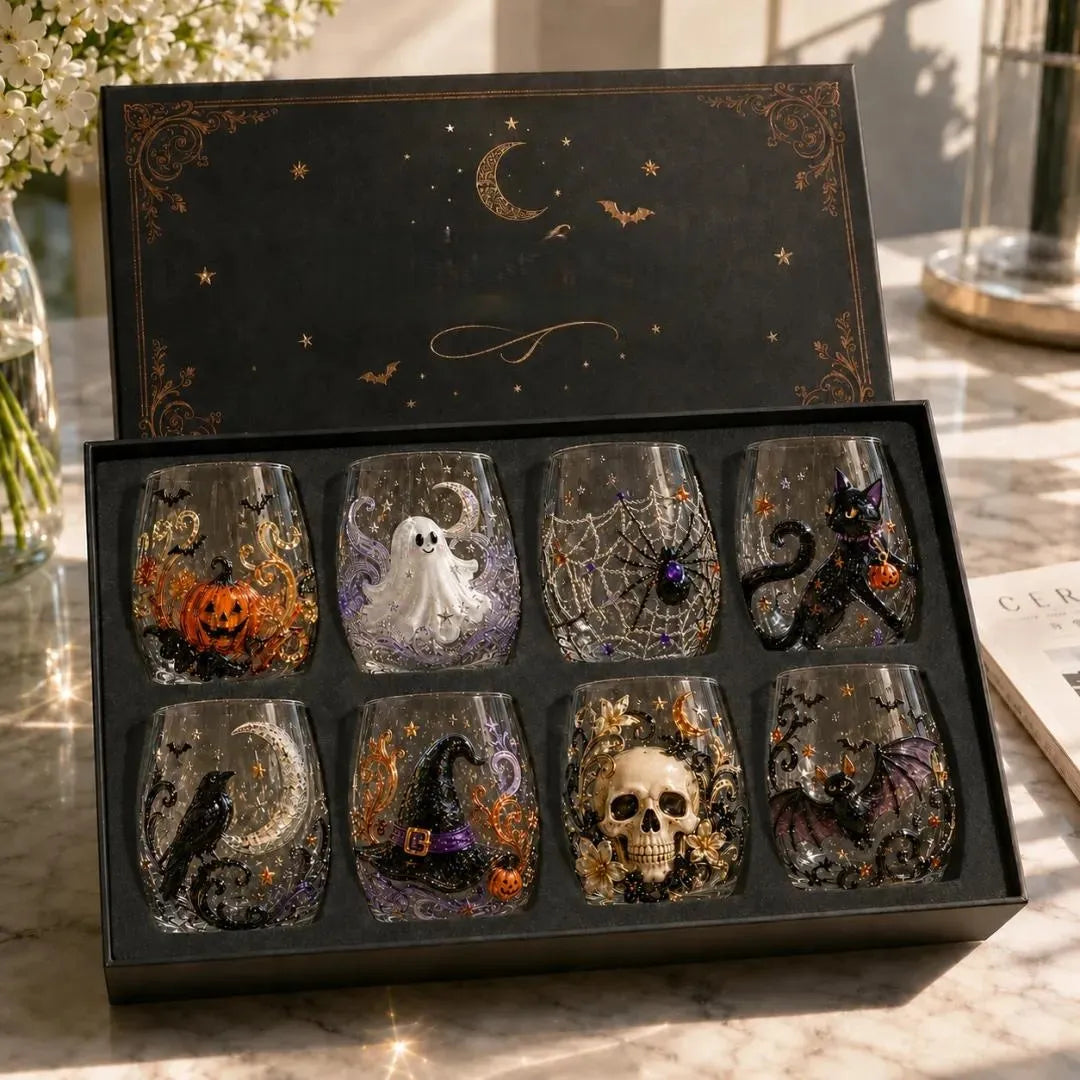 Eight Halloween drinking glasses, one of each design: pumpkin, ghost, spider web, black cat, raven, witch hat, skull and bat