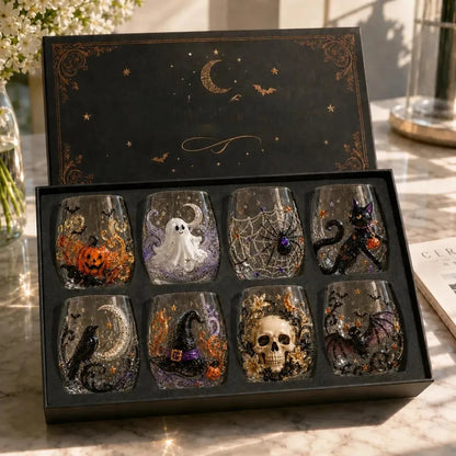 Eight Halloween drinking glasses, one of each design: pumpkin, ghost, spider web, black cat, raven, witch hat, skull and bat