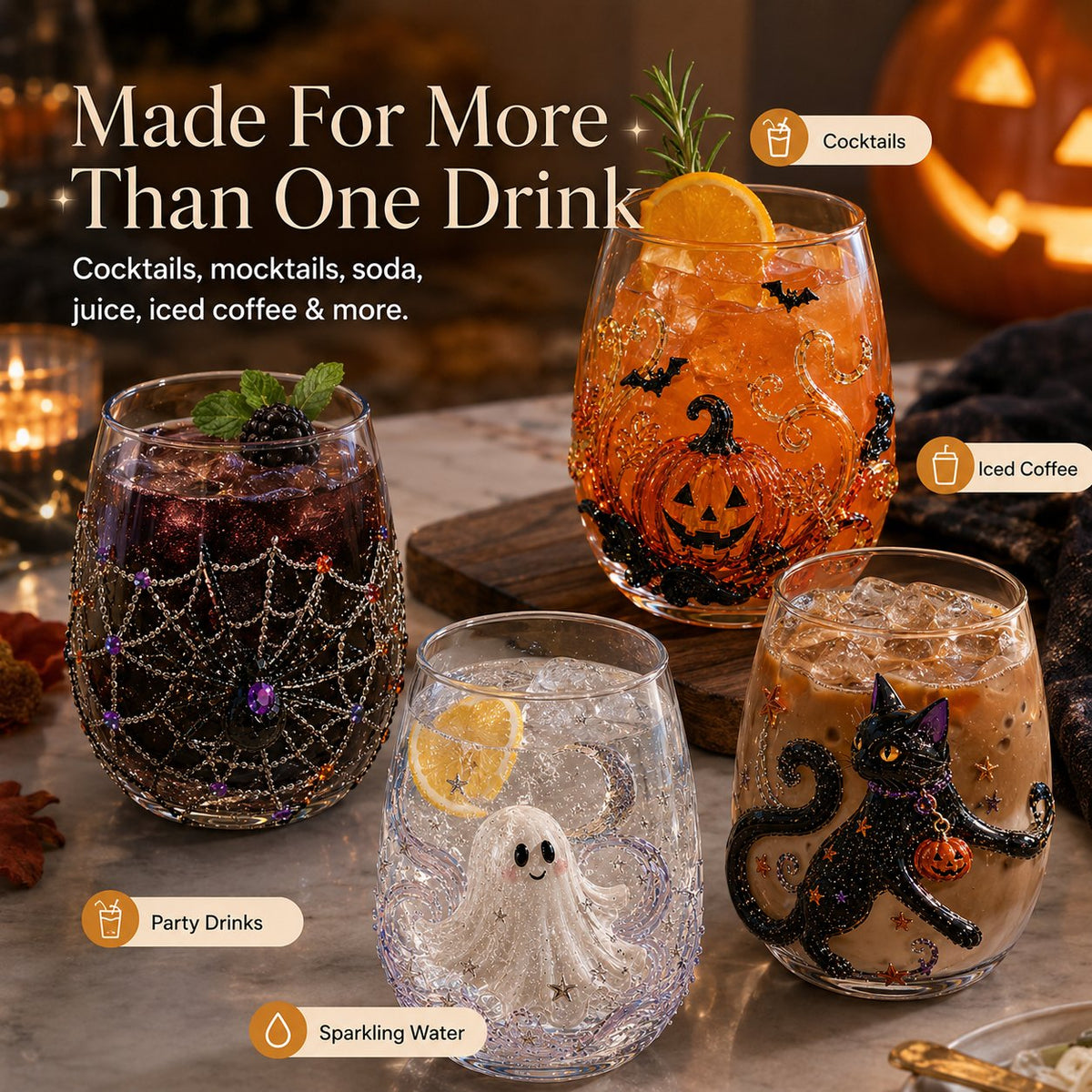 Four Halloween drinking glasses filled with a berry drink, an orange cocktail, sparkling water and iced coffee