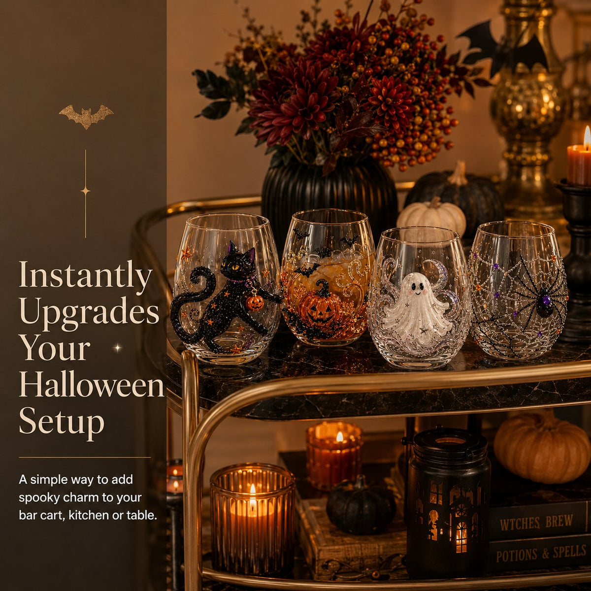 Four Halloween drinking glasses with black cat, pumpkin, ghost and spider web designs on a bar cart with candles