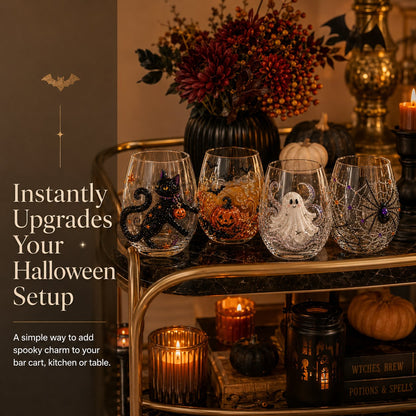 Four Halloween drinking glasses with black cat, pumpkin, ghost and spider web designs on a bar cart with candles