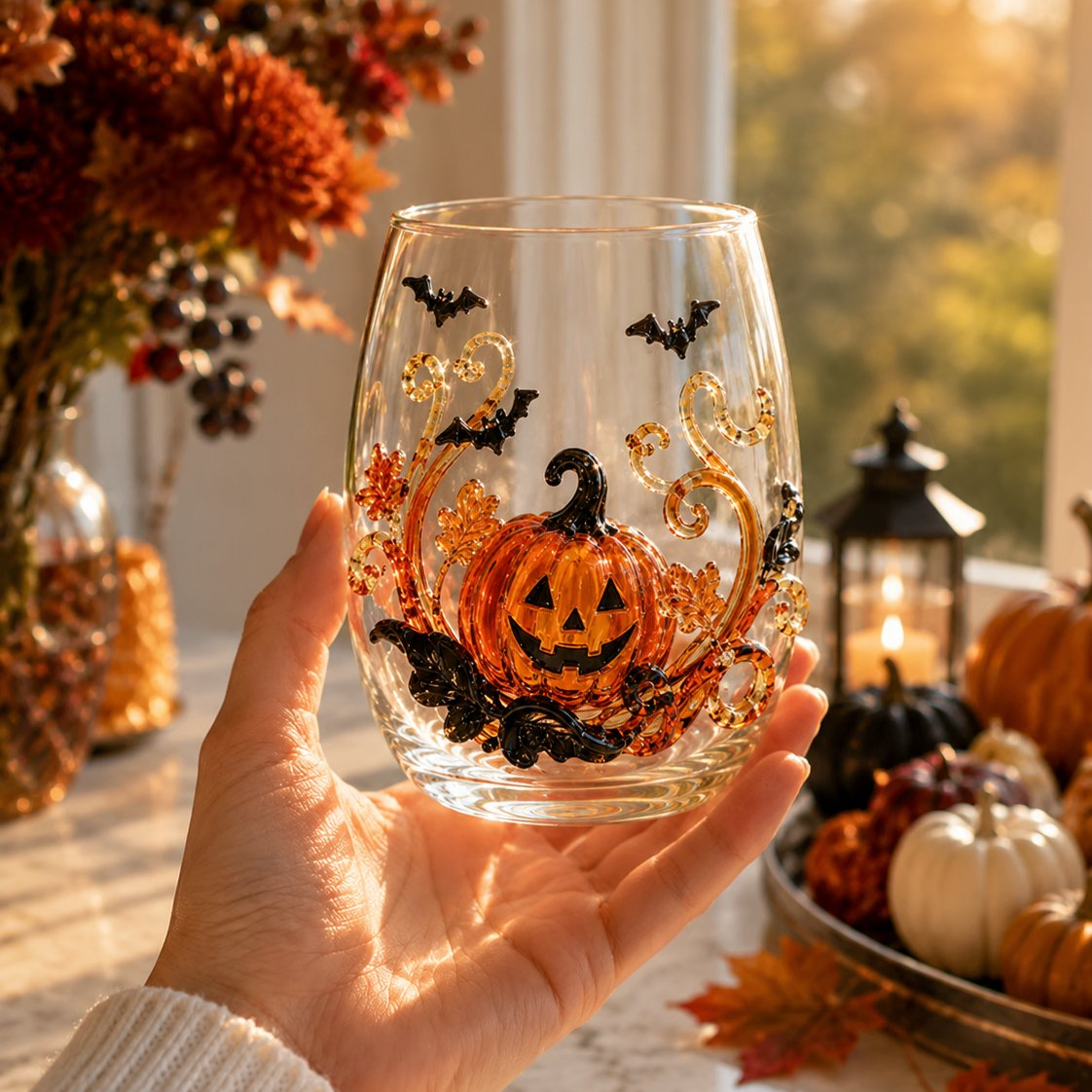 A hand holding a Halloween drinking glass with a raised pumpkin design by a sunny window