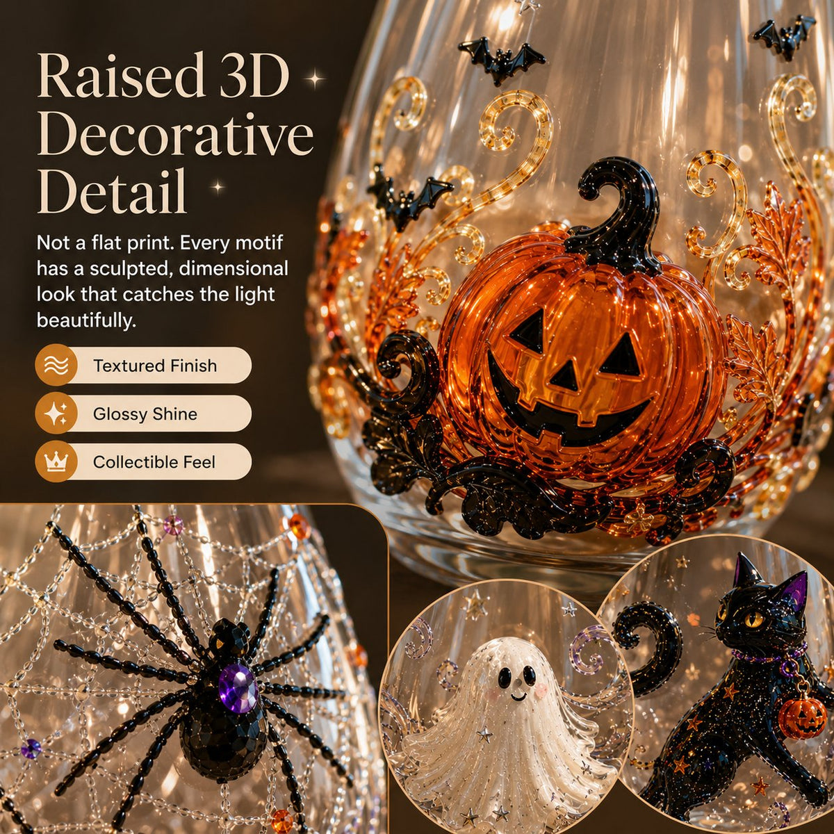 Close-up of the raised pumpkin artwork on a Halloween drinking glass, with insets of the spider, ghost and black cat designs
