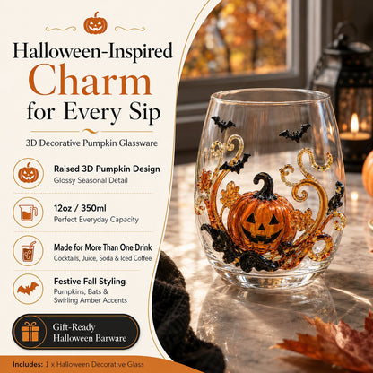 A Halloween pumpkin drinking glass on a marble counter, holding 12 oz (350 ml)