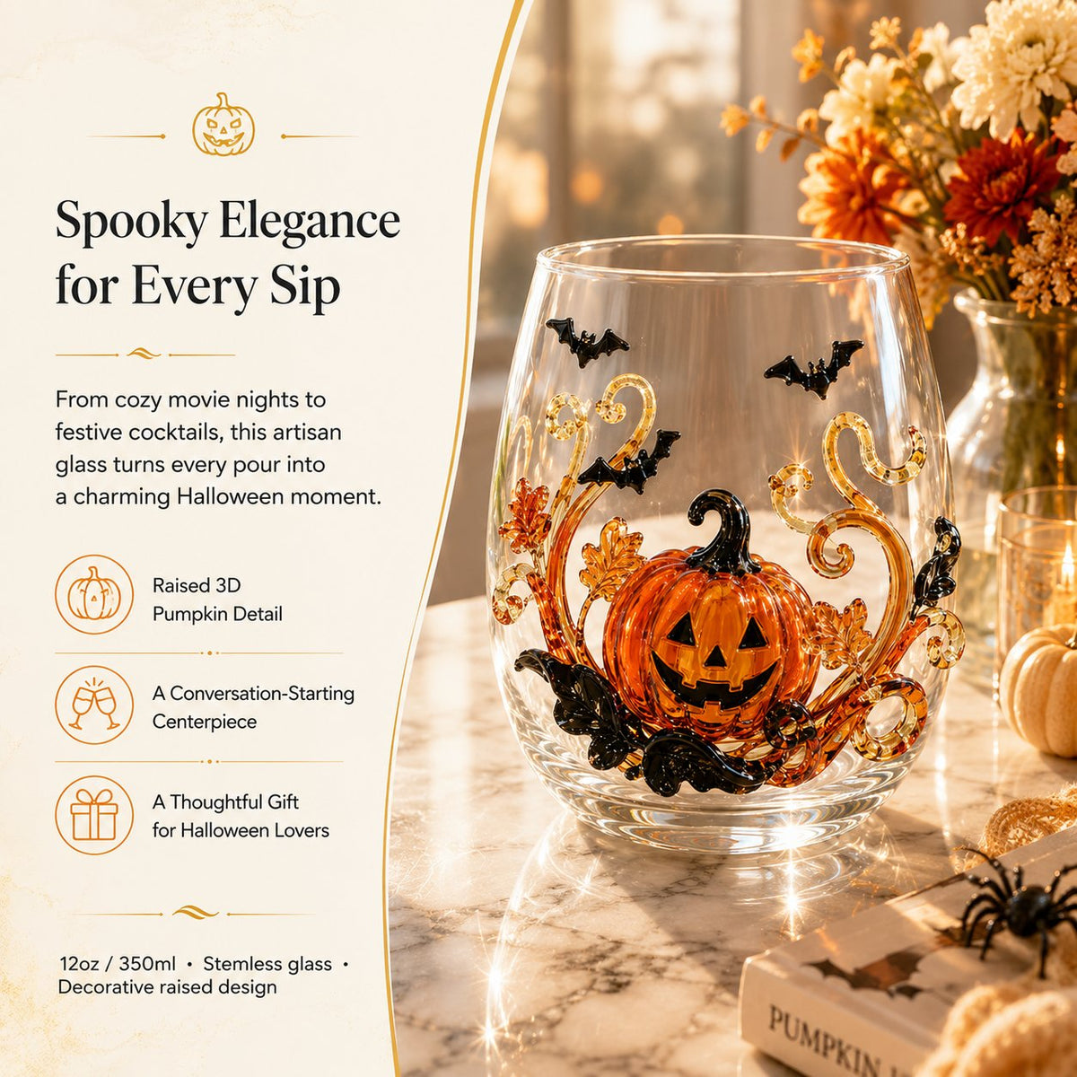 A Halloween pumpkin drinking glass on a marble table beside autumn flowers