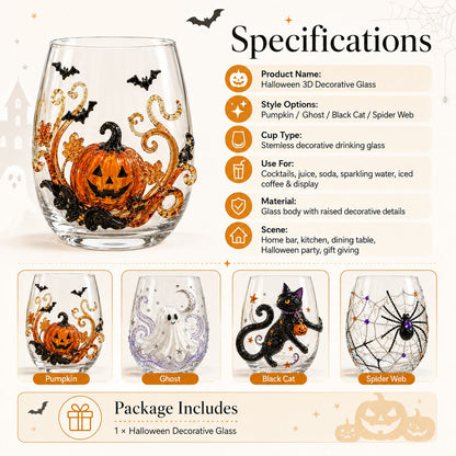 Specification card for the Halloween drinking glass, showing the pumpkin, ghost, black cat and spider web designs