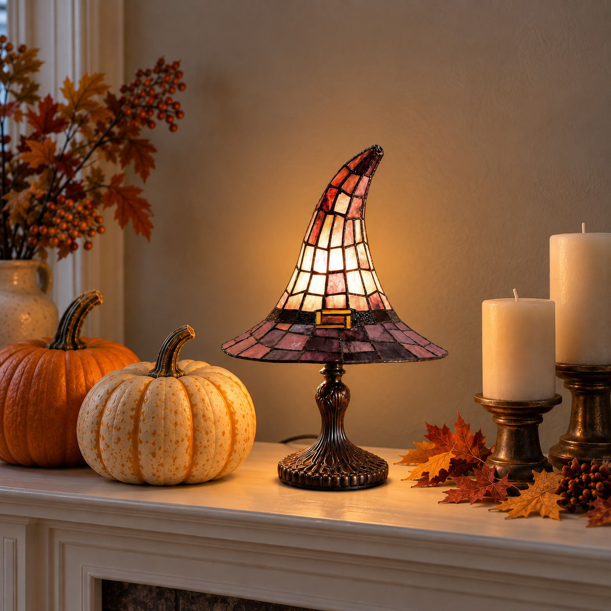 Witch hat table lamp glowing on a mantel beside two small pumpkins at dusk