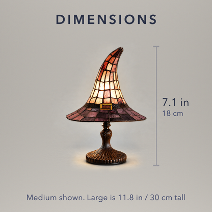 Witch hat table lamp dimensions, the Medium 7.1 in tall, the Large 11.8 in tall