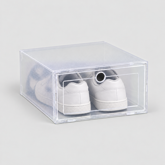 One clear shoe box with a drop front door holding white sneakers, on a plain light grey background