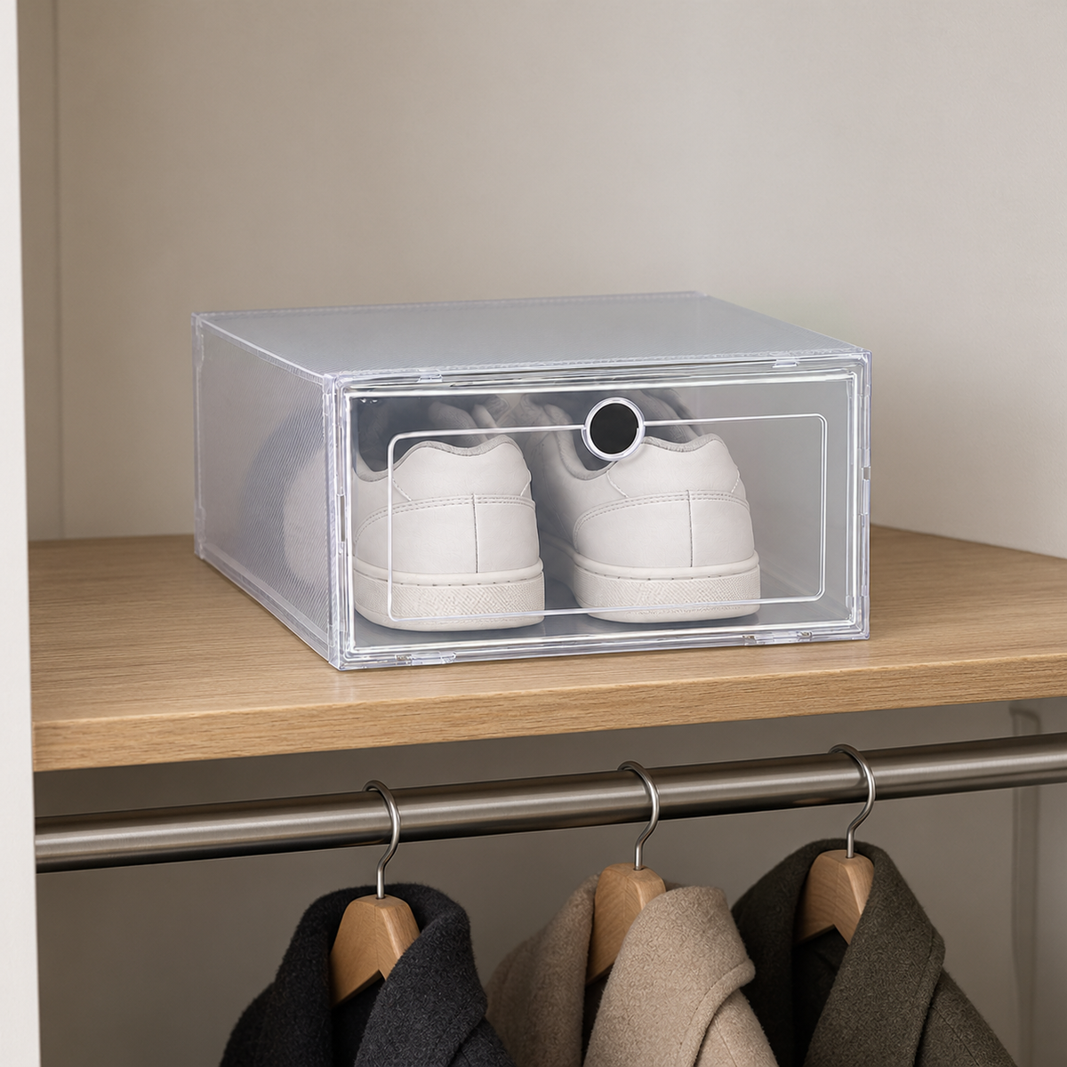 One clear shoe box with white sneakers on an oak closet shelf above hanging coats