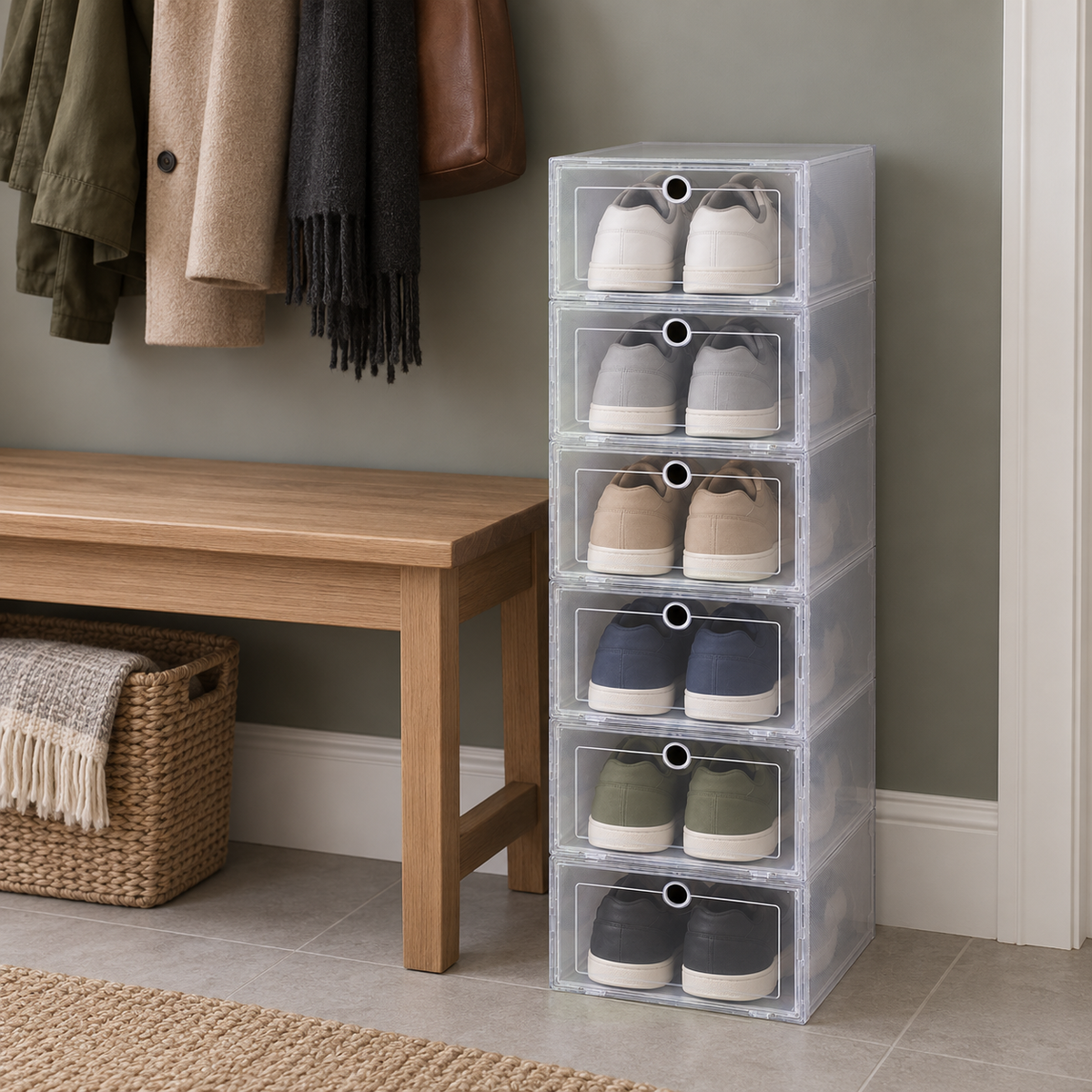 Six clear shoe boxes stacked in a single column beside a mudroom bench, a different pair in each