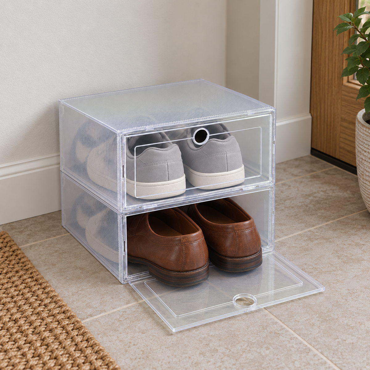 Two clear shoe boxes stacked on an entryway floor, the lower box's front dropped open flat with brown loafers inside