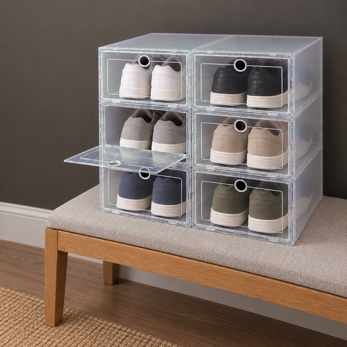 Six clear shoe boxes stacked on an upholstered bench, the middle-left box's front dropped down level while the others stay closed, a pair of sneakers in each