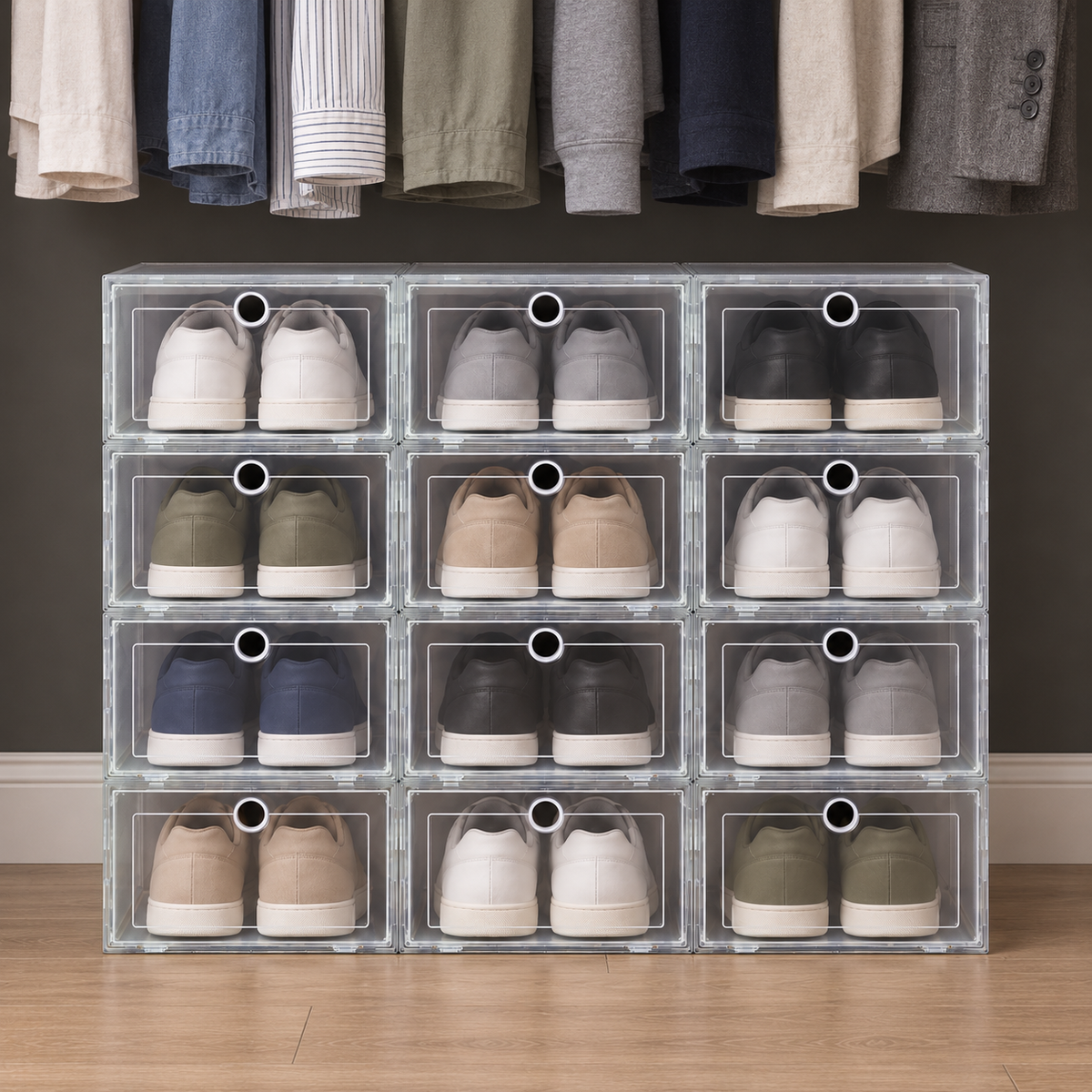 Twelve clear shoe boxes stacked three across and four high on a closet floor under hanging clothes, a different pair of sneakers in each