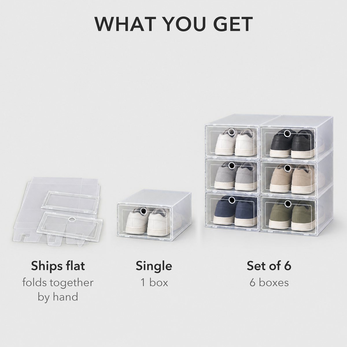 What you get: each box ships flat and folds together by hand; Single is one box, Set of 6 is six boxes, shown as the flat parts, one box and a stack of six