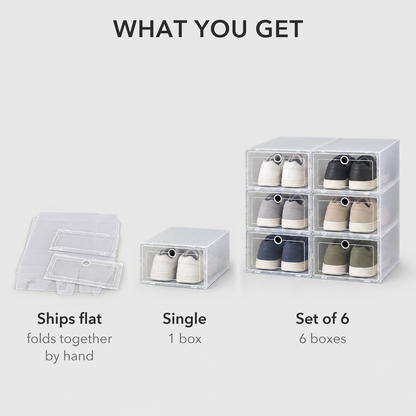 What you get: each box ships flat and folds together by hand; Single is one box, Set of 6 is six boxes, shown as the flat parts, one box and a stack of six