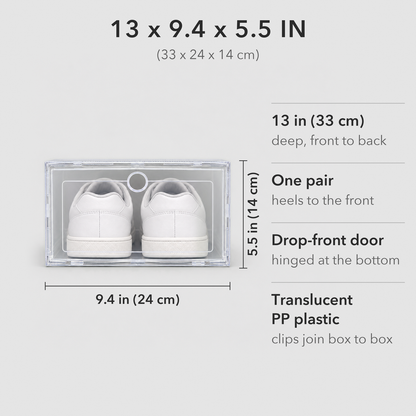 Shoe box dimensions: one translucent box seen from the front, 9.4 in (24 cm) wide and 5.5 in (14 cm) tall, 13 in (33 cm) deep, holds one pair, drop-front door hinged at the bottom