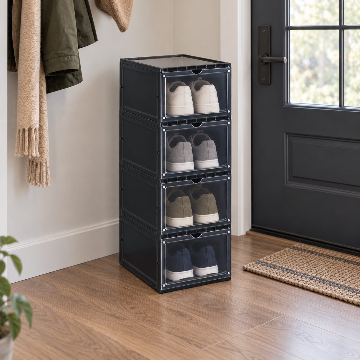 A column of four black shoe boxes beside a front door, a different pair of sneakers showing through each door