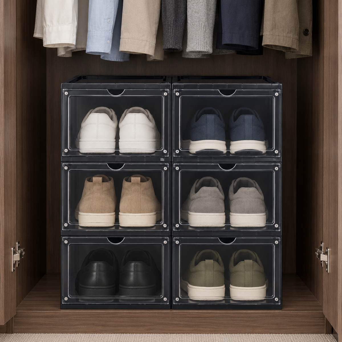 Six black shoe boxes stacked two wide in a walnut wardrobe, sneakers showing through each door