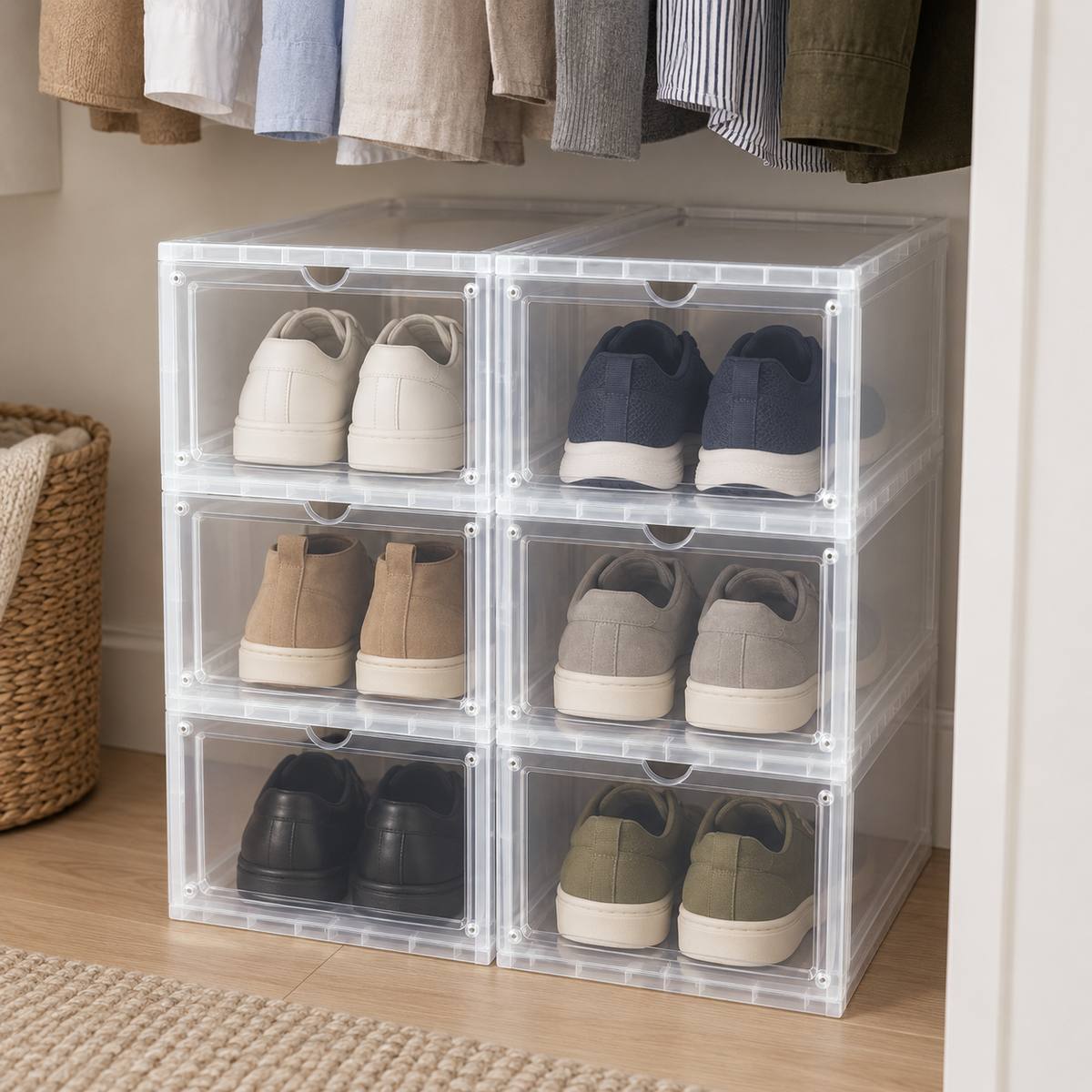 Six translucent shoe boxes stacked two wide on a closet floor under hanging shirts, a different pair in each