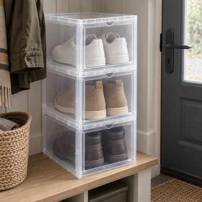 Three translucent shoe boxes on a mudroom bench holding sneakers, suede boots and walking boots