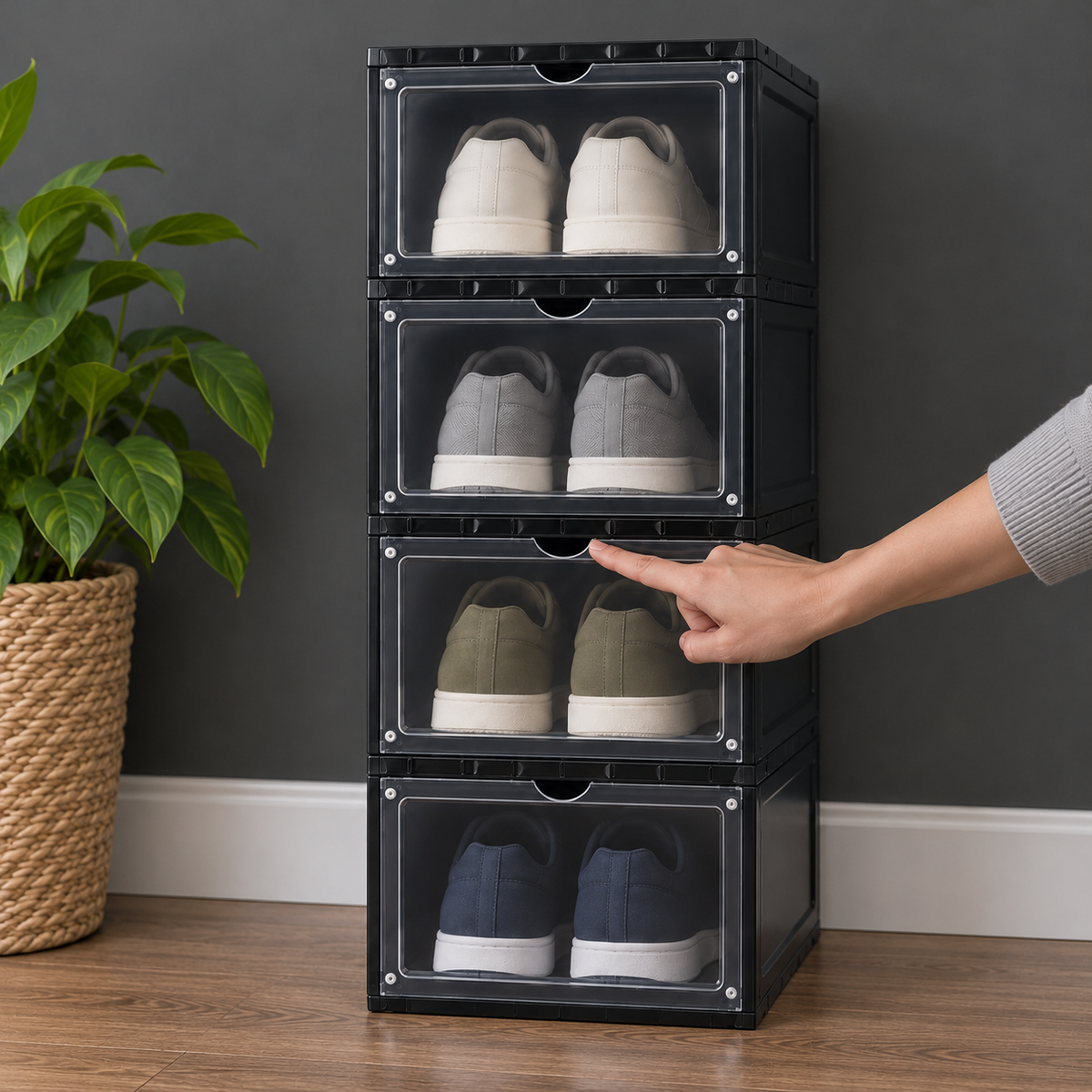 A fingertip at the finger notch of a black shoe box in a column of four by a living room wall, a pair of sneakers behind each see-through door