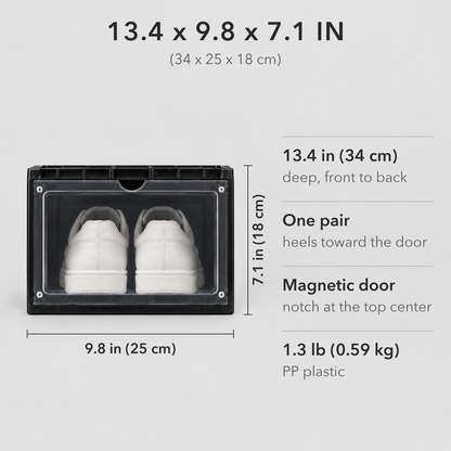 Shoe box dimensions: a black box seen from the front, 9.8 in (25 cm) wide and 7.1 in (18 cm) tall, 13.4 in (34 cm) deep, holds one pair, magnetic door, 1.3 lb