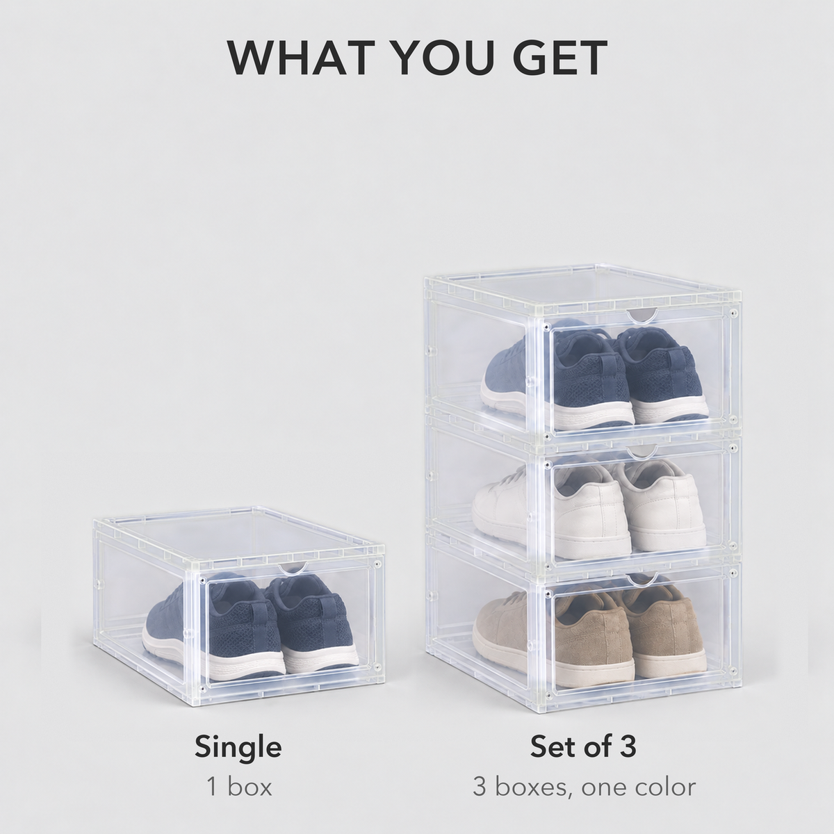 What you get: Single is one shoe box, Set of 3 is three boxes in one color, shown as one translucent box beside a stack of three