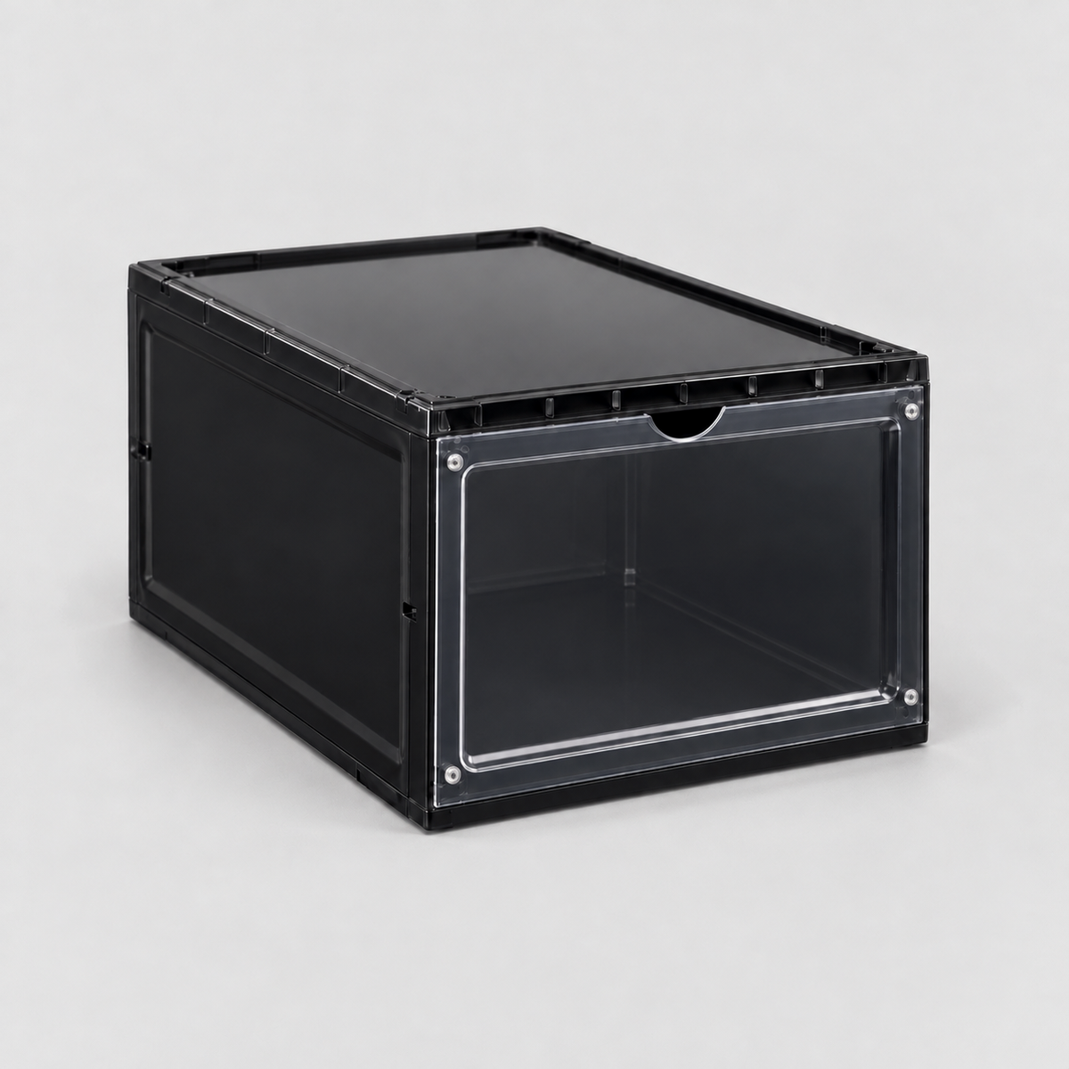 Empty black drop front shoe box, door closed