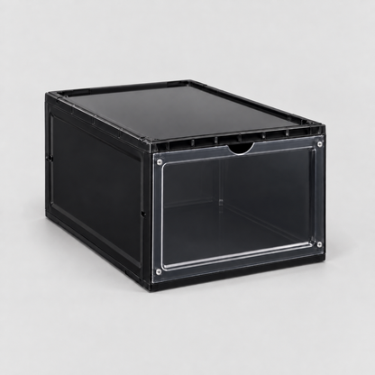Empty black drop front shoe box, door closed
