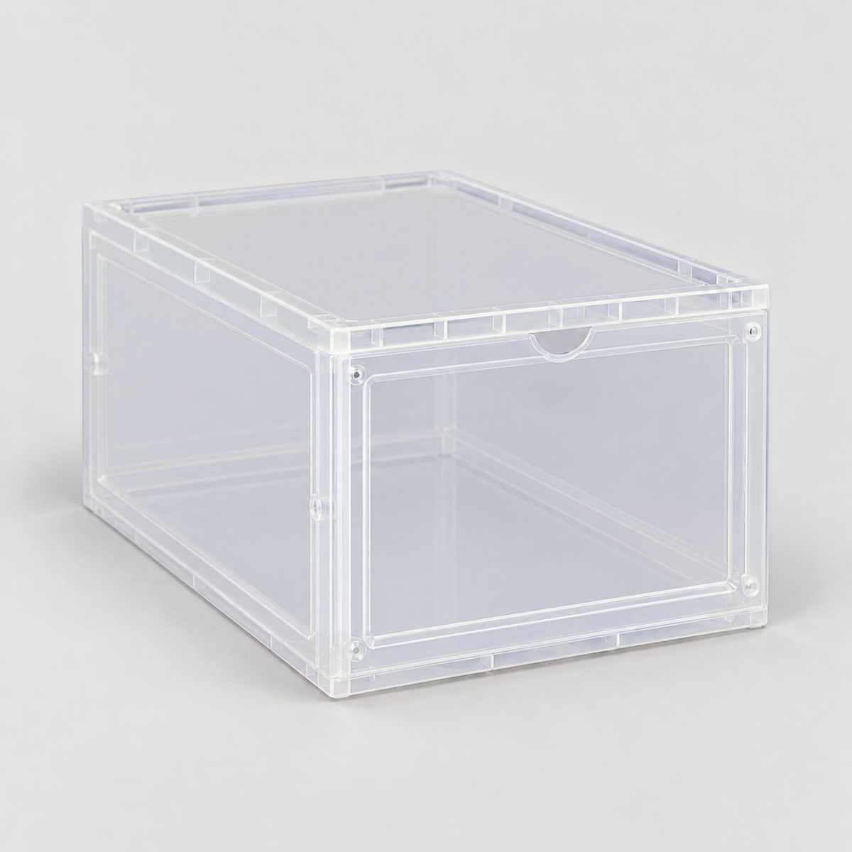 Empty translucent drop front shoe box, door closed