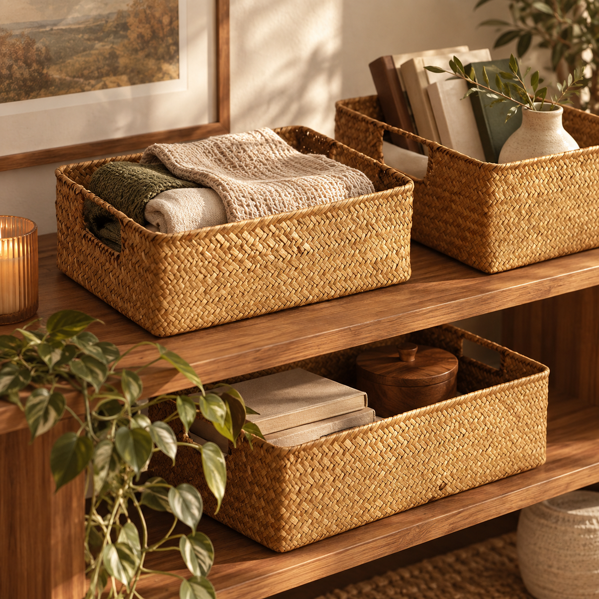 Three woven seagrass storage baskets on a two-tier walnut console, holding folded towels and books