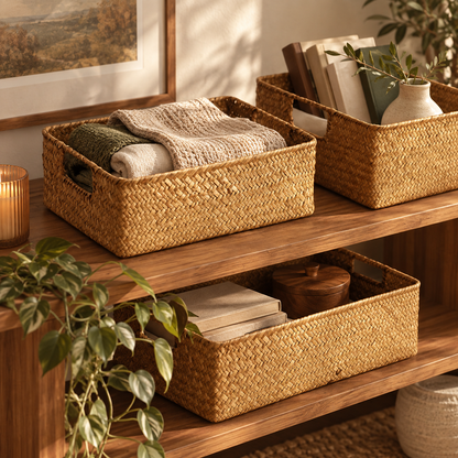 Three woven seagrass storage baskets on a two-tier walnut console, holding folded towels and books