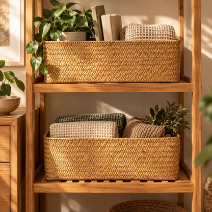 Two seagrass storage baskets on an open wooden shelf, holding folded towels, books and a potted plant