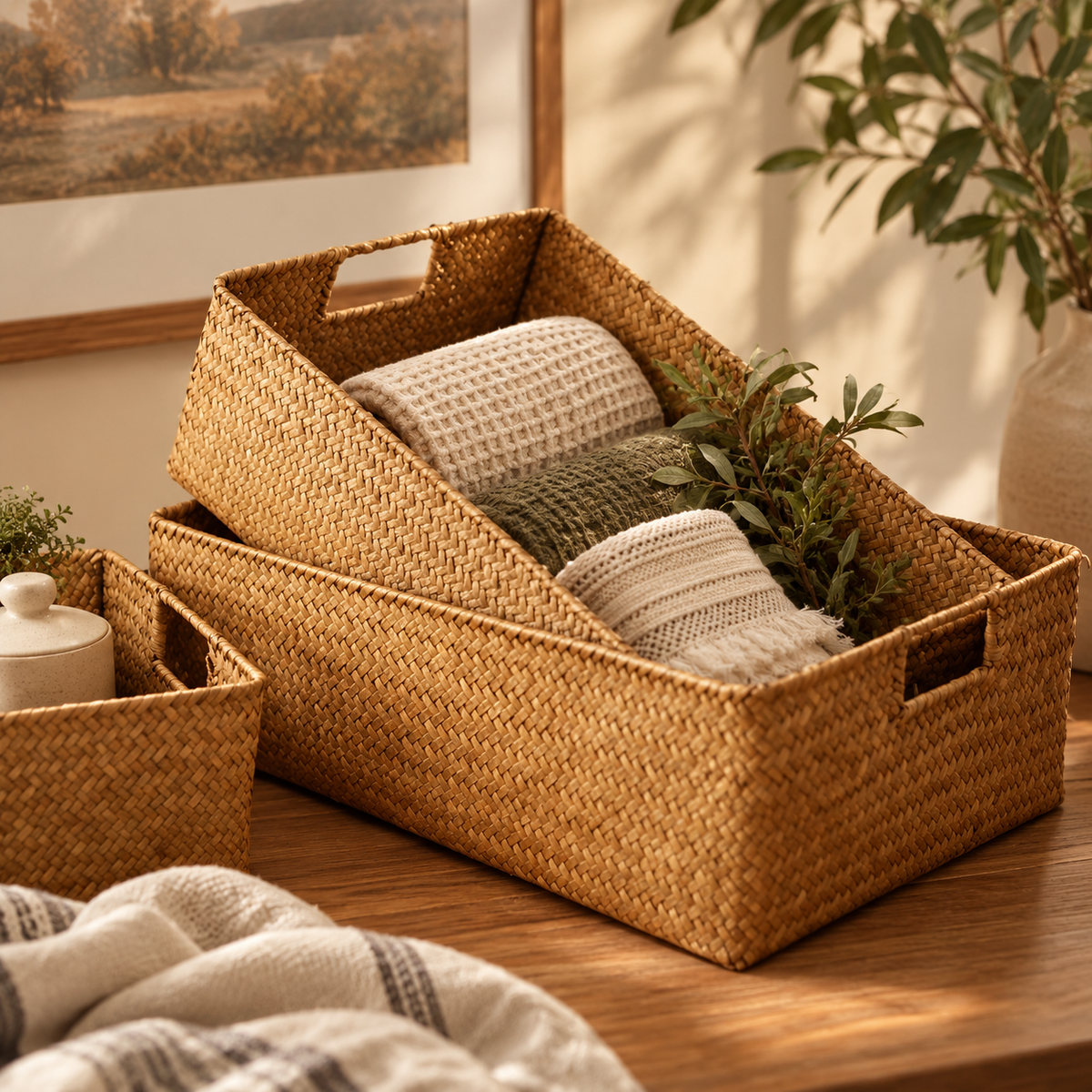 A smaller seagrass basket resting inside a larger one, with rolled towels and a sprig of greenery