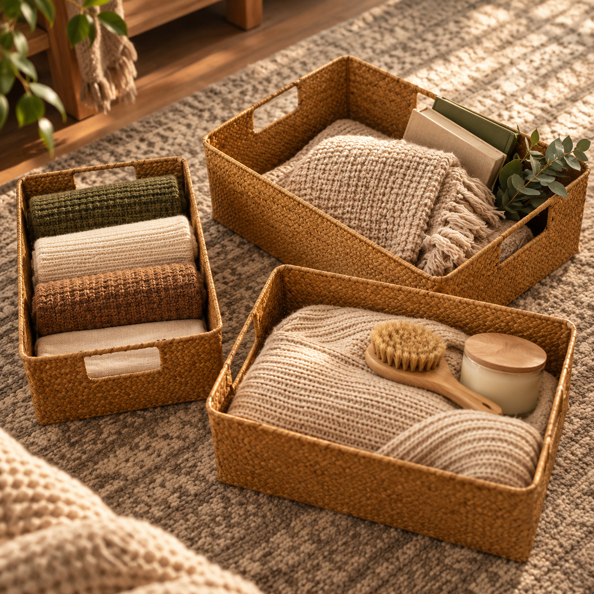 Three seagrass baskets of different sizes on a rug, holding towels, a knit throw and books