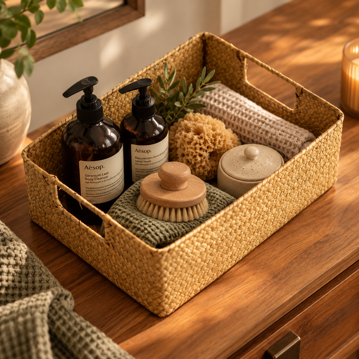 Seagrass basket on a wooden dresser holding pump bottles, a sponge, a bath brush and a lidded jar