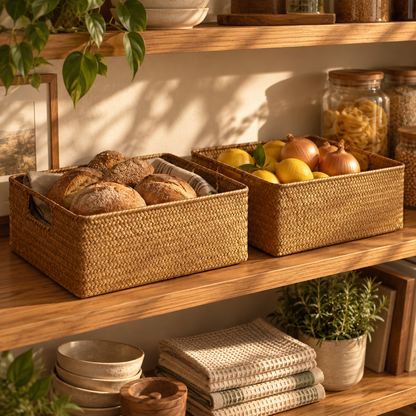 Two seagrass storage baskets on an oak pantry shelf holding bread, lemons and onions