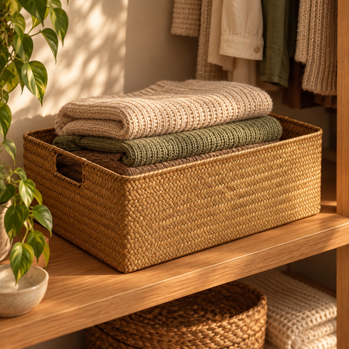 Large seagrass storage basket on a closet shelf holding folded knit sweaters
