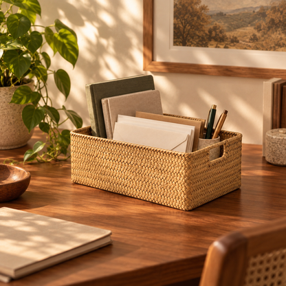 Extra small seagrass basket on a walnut desk holding notebooks, envelopes and pens
