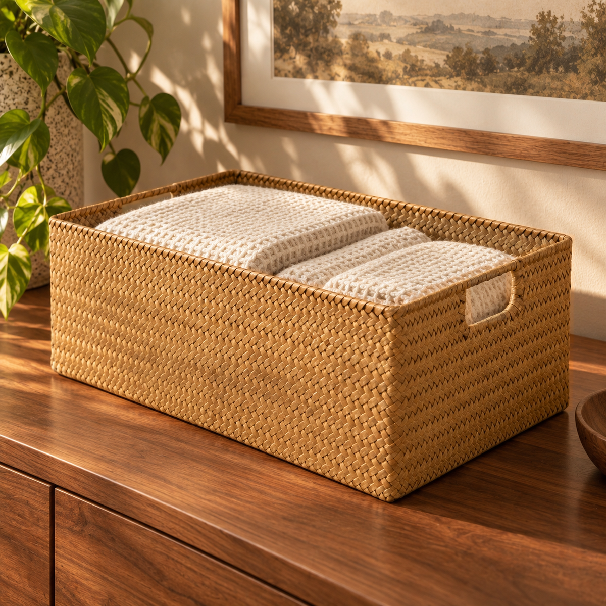 Woven seagrass basket of folded cream towels on a walnut console in a sunny room, a hand hole in its near short end