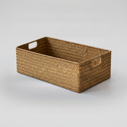 Extra small woven seagrass storage basket, 11.8 x 7.9 x 3.9 inches, empty on a plain light grey background