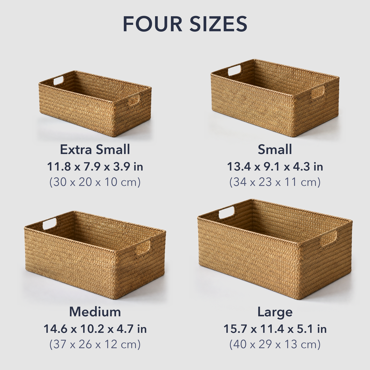 The four basket sizes side by side at true relative size, extra small to large, each labelled with its measurements