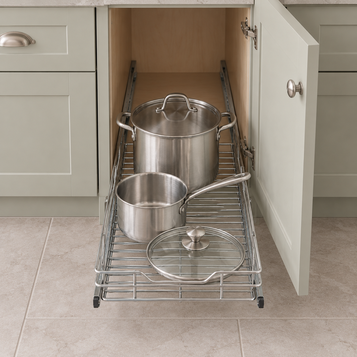 Small pull-out wire basket drawn out of a narrow base cabinet it fills wall to wall, holding a stockpot, a saucepan and a lid