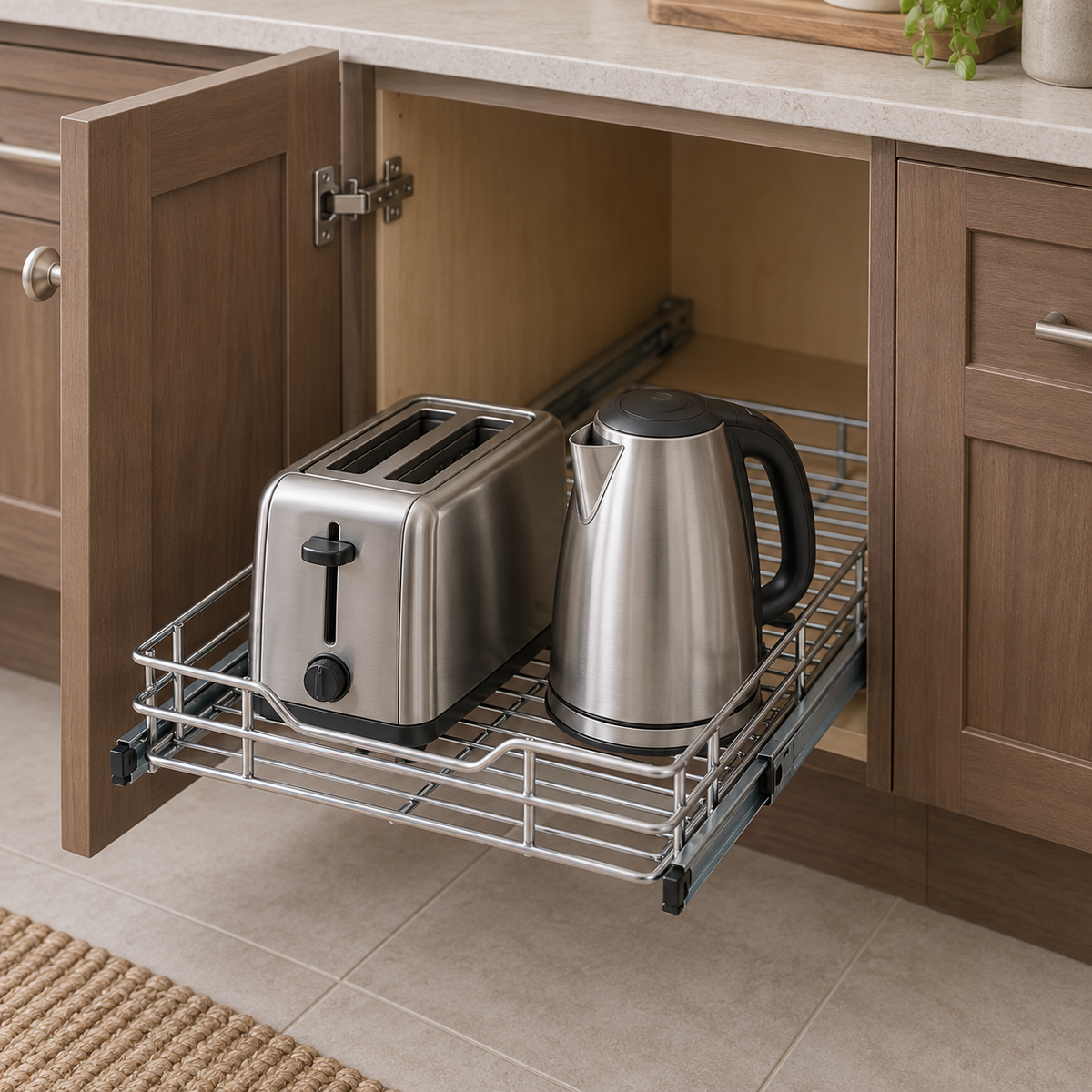 Large pull-out basket drawn out of a walnut base cabinet under a stone counter, holding a toaster and an electric kettle