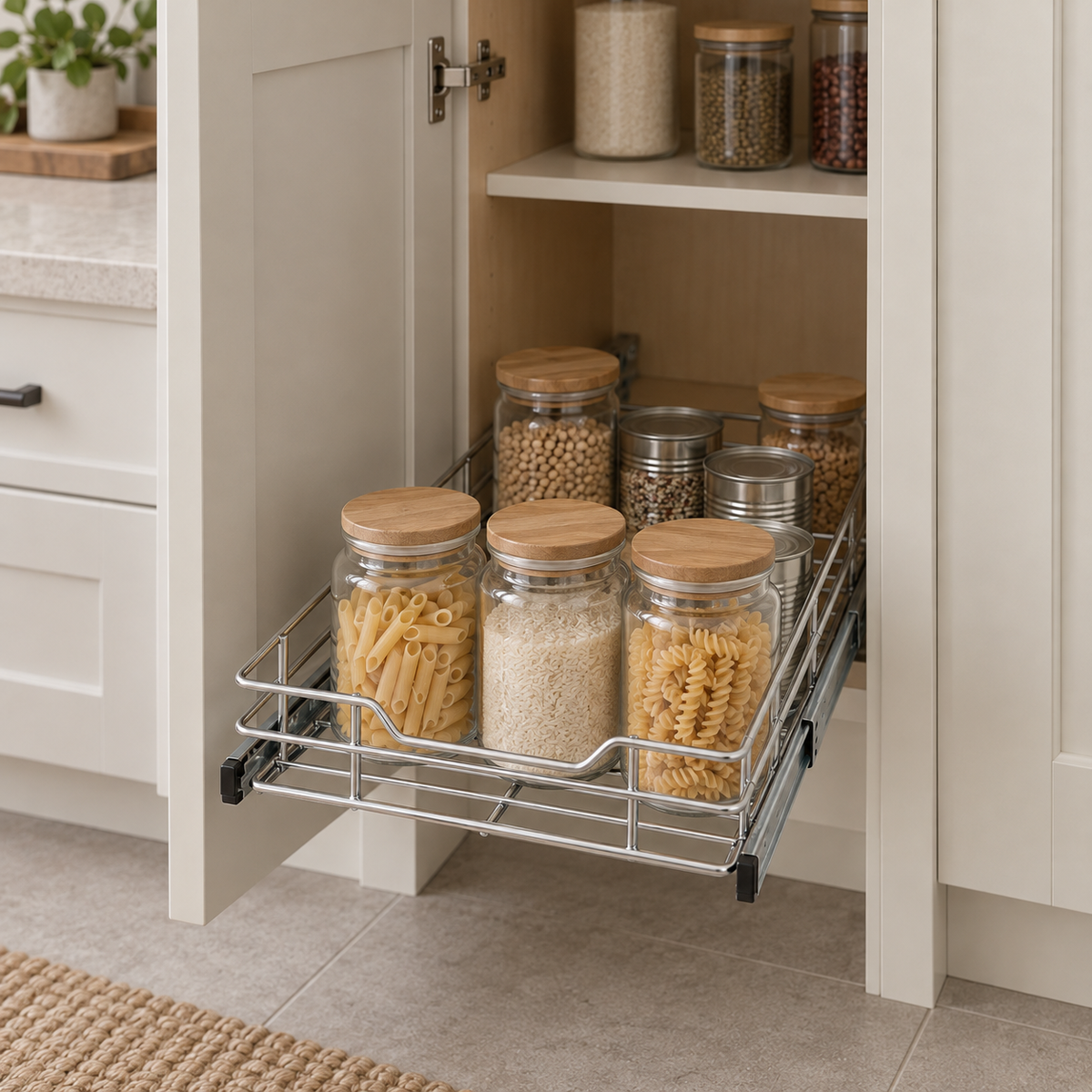 Small pull-out basket on the floor of a narrow pantry cupboard, half out, holding jars of pasta and rice and canned goods