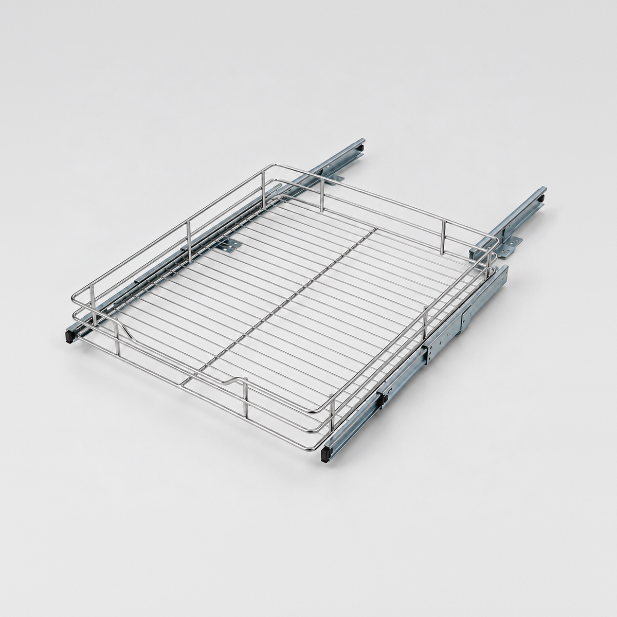 Large chrome wire pull-out cabinet organizer on two zinc drawer slides, three-quarter view on a light grey background