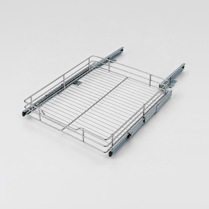 Large chrome wire pull-out cabinet organizer on two zinc drawer slides, three-quarter view on a light grey background