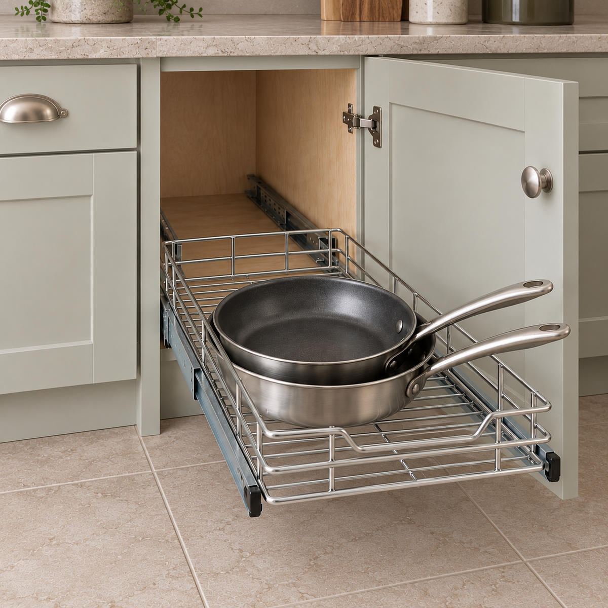 A wire basket holding two frying pans drawn all the way out of a narrow base cabinet on its two-stage slides
