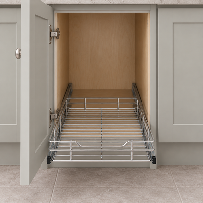 An open narrow base cabinet with the pull-out wire basket pushed in, filling the opening wall to wall